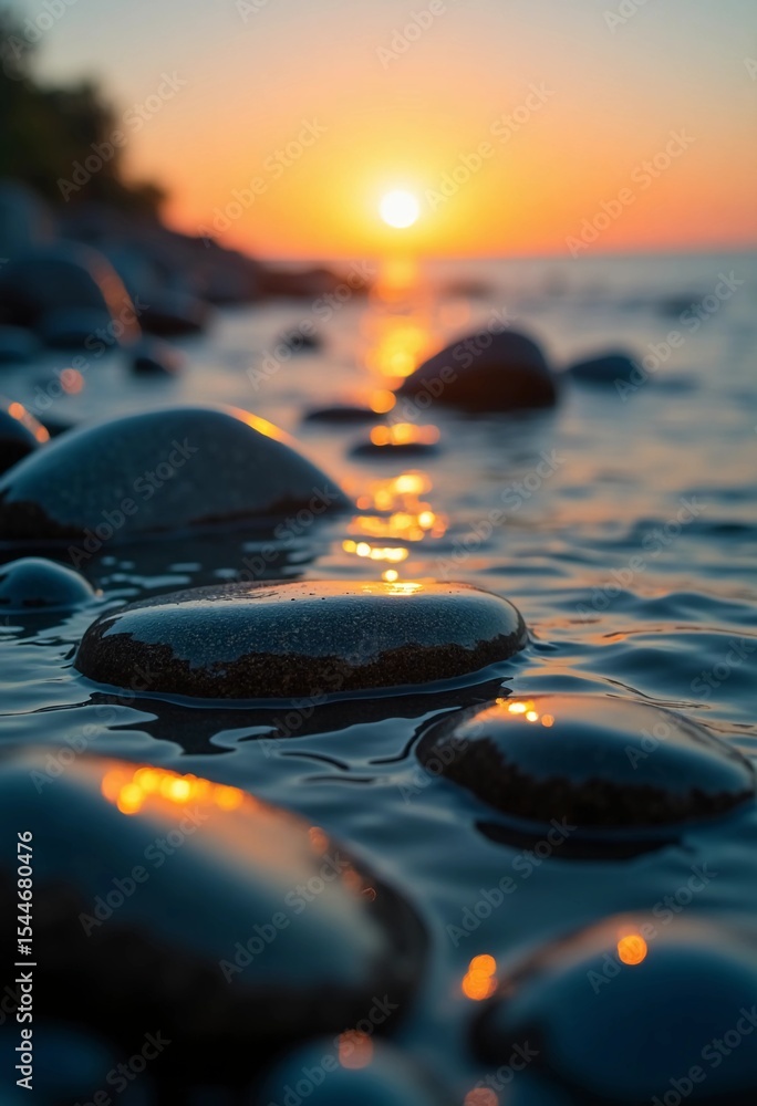 Poster soft waves lap against smooth stones as the sun rises, casting golden hues upon the water and creati