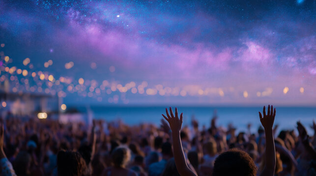 A vibrant beach party with music and dancing under the stars