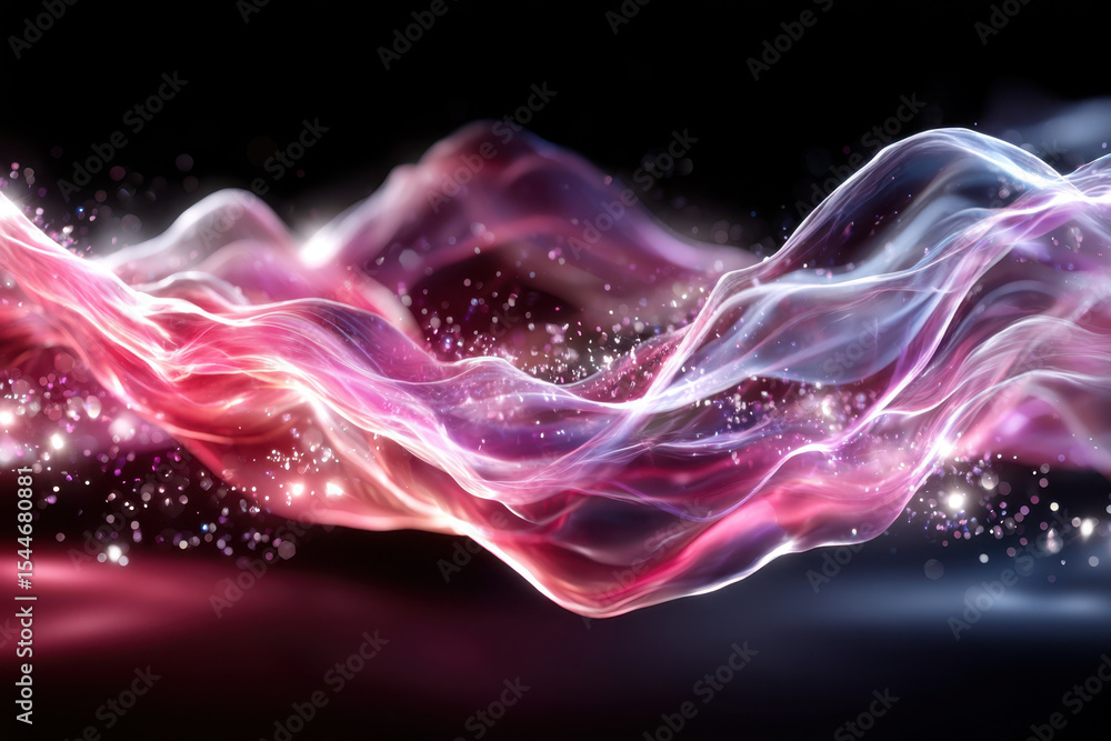 Poster flowing colorful waves with sparkling particles in a dark background