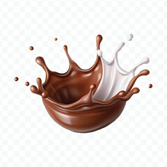 realistic 3d smooth liquid chocolate with white milk splash  in different style isolated on transparent background