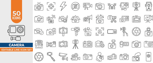 Camera Line Icon Set – Editable Vector Icons for Photography, Video, Lens, and Media Devices. Editable Stroke. Vector illustration