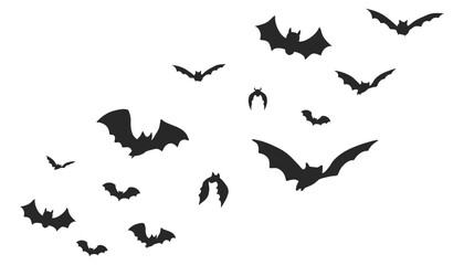 Bat swarm halloween silhouette. Flying spooky group. Design element for decoration. Simple scary gothic bats. black bats in night sky