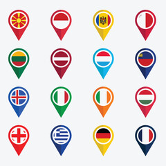 Set of Various Flags with Location Icons