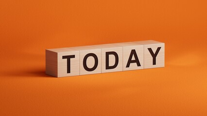 Today word made of wood background. Today sign, current day concept. Calendar concept. Word today written with wooden cubes.Business Concept.3D rendering on orange background.