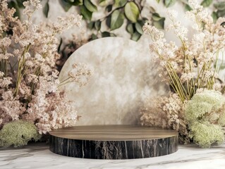 ultra quality picture of Minimal product display podium with beautiful flowers background, high detail, 8k