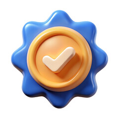 3D Render of Blue and Orange Checkmark Badge, Approval Seal, Quality Icon
