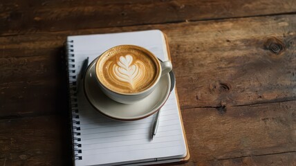 A cup of latte art on a saucer atop a spiral notebook with a pen on a wooden table surface view