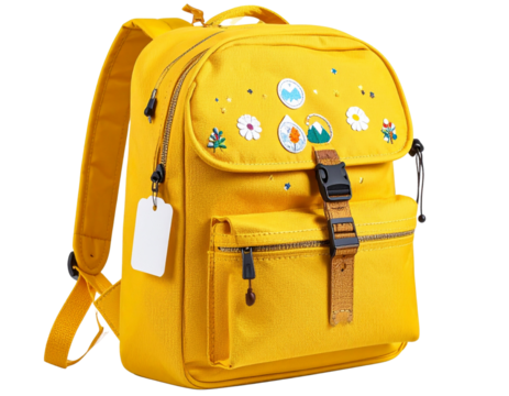 Minimalist Yellow Camp Backpack with Name Tag and Badges, child-friendly style, transparent background