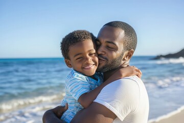 Tender Moment: African American Father Kissing His Young Son on a Beautiful Beach