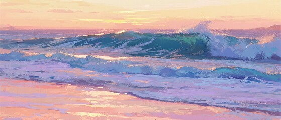 Fototapeta premium Sunset Over the Ocean: Waves Crashing on the Shore