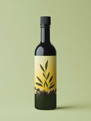 high definition visual of closeup bottle of organic olive oil and olives