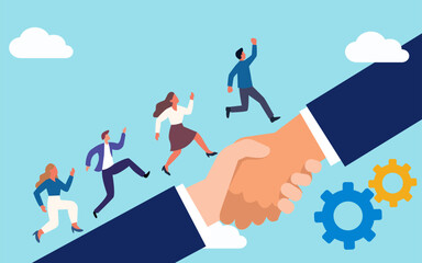 Business people shaking hands in the sky, symbolizing successful teamwork and corporate growth