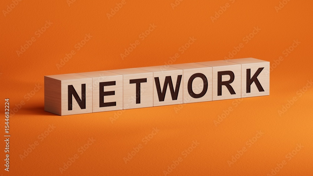 Aufkleber network - word concept. minimalist abstract design with close up of wooden cubes,3d rendering on ora