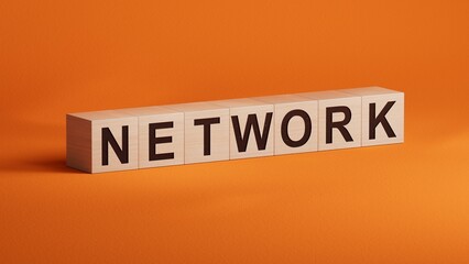 Network - word concept. Minimalist Abstract Design With close up of wooden cubes,3D rendering on orange background.