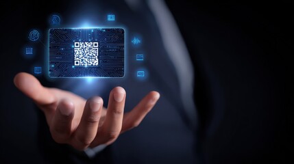 A hand presents a glowing digital card with a QR code and technology icons, symbolizing futuristic digital connectivity and data exchange.