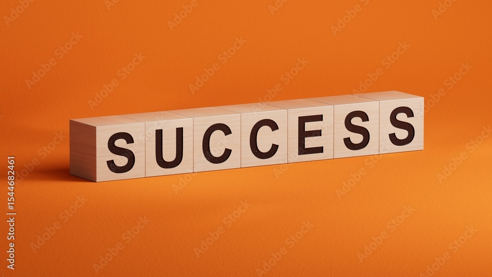 Poster success.wooden cubes spelling.flat lay view from above on orange background with wooden cubes button