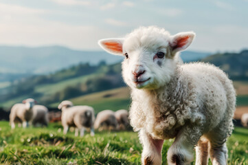 Obraz premium A fluffy white lamb stands in a green field with other sheep in the background on a sunny day