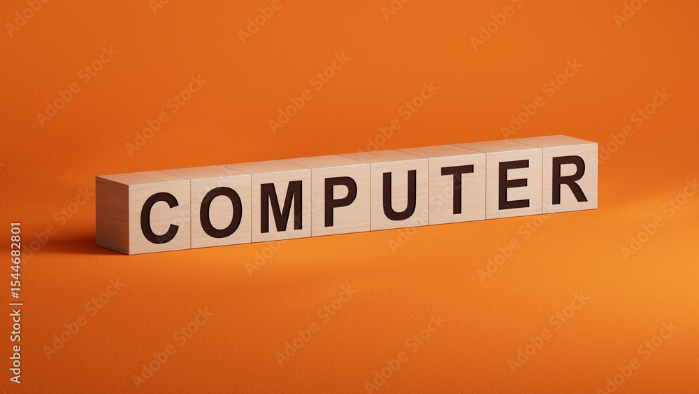 Poster computer.wooden cubes spelling.flat lay view from above on wooden cubes buttons.it technology concep