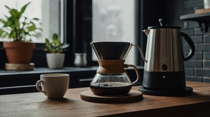 A pour over coffee maker with kettle and mug on a wooden counter in a kitchen setting with plants