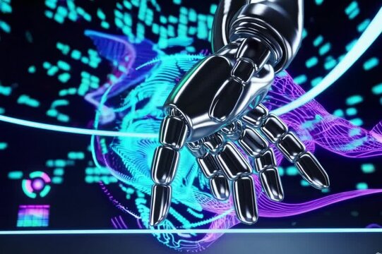 Advanced Robotic Hand Manipulating Holographic Interface with AI Generated Visuals in Ultra Modern Futuristic Scene