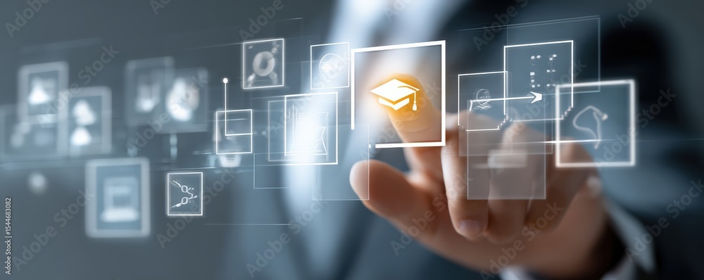 Poster a hand interacts with transparent digital icons on a futuristic interface, highlighting educational 