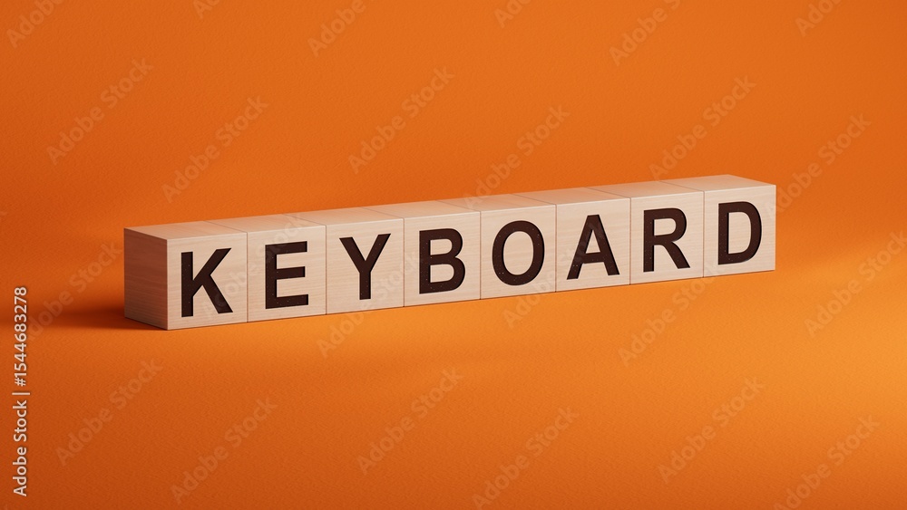 Poster keyboard.wooden cubes spelling.flat lay view from above on orange background with wooden cubes butto