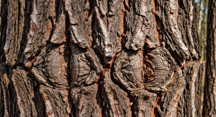 Obraz premium Close up of textured tree bark with knots and ridges in natural light showing detailed patterns and texture