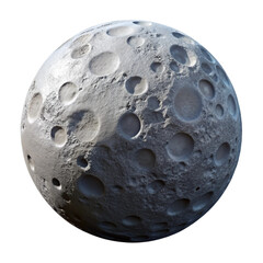 Detailed 3D render of the moon's surface, craters visible, isolated on white background.