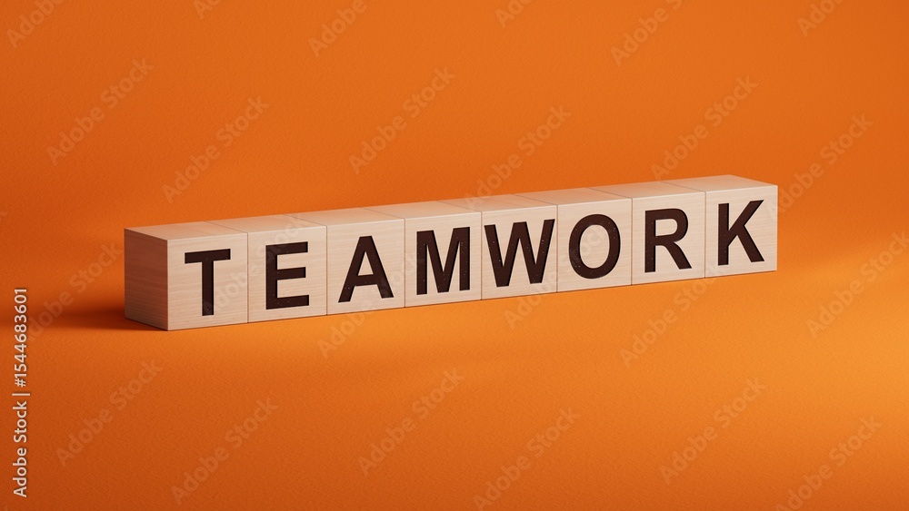 Poster teamwork.wooden cubes spelling.flat lay view from above on orange background with wooden cubes butto