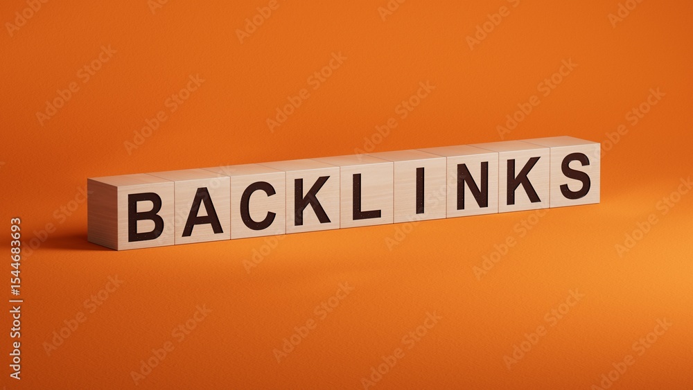Aufkleber backlinks - conceptual text with wooden cubes.3d rendering on orange background.