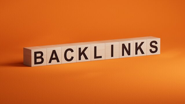 Backlinks - conceptual text with wooden cubes.3D rendering on orange background.