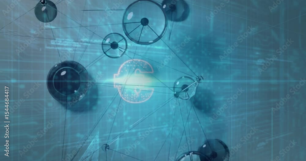 Poster glow at core initiating pulsing euro symbol forming as 3d spheres,nodes converging showing finance