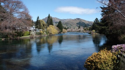 Obraz premium Beautiful River Flowing Gently Through a Serene Landscape in New Zealand With Lush Trees and Distant Mountains on a Sunny Day