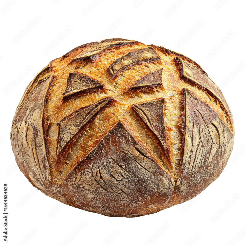 Poster freshly baked round artisan bread with golden crust and intricate scoring patterns, perfect for any 