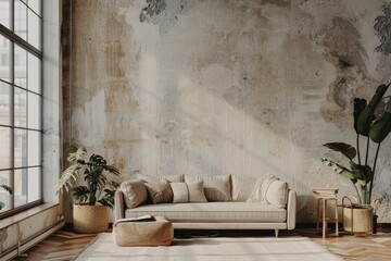 Loft Style Living Room and Concrete Wall Wooden Floor Sofa Mock Up Frame 3D Rendering