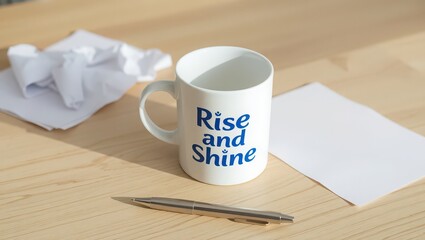 A white mug with rise and shine text on a wooden desk with paper and a pen in a bright setting