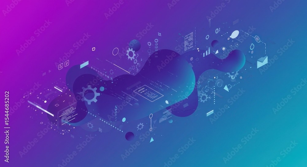 Poster abstract digital cloudscape with floating gears and data