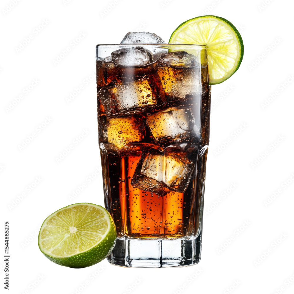 Poster refreshing drink with ice and lime slice in glass