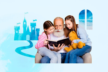 Full trendy sketch image collage of serious grandfather hold two small preteen grandchildren girls...