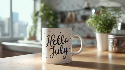 White mug with hello july message on rustic wooden table in sunny kitchen. Summer month concept for calendar or greeting card design.