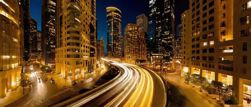 Night City Lights: Golden streaks of light paint the cityscape as vehicles glide along a curving road at night, surrounded by illuminated skyscrapers.