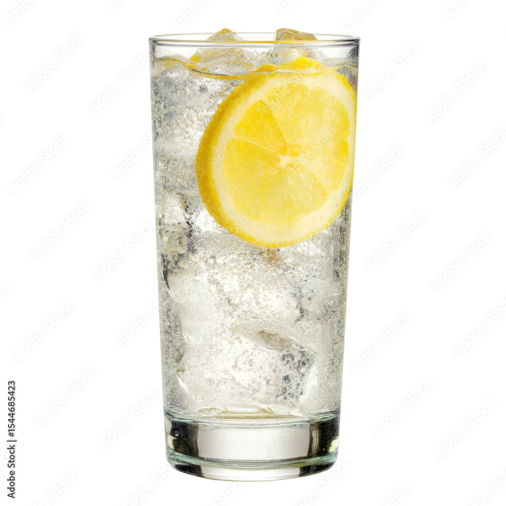 Poster refreshing lemonade with ice and lemon slice in tall glass