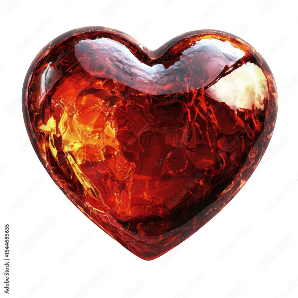 Poster vibrant red heart shape made of glossy material, symbolizing love and passion. heart features swirling patterns and shiny surface, creating captivating visual effect