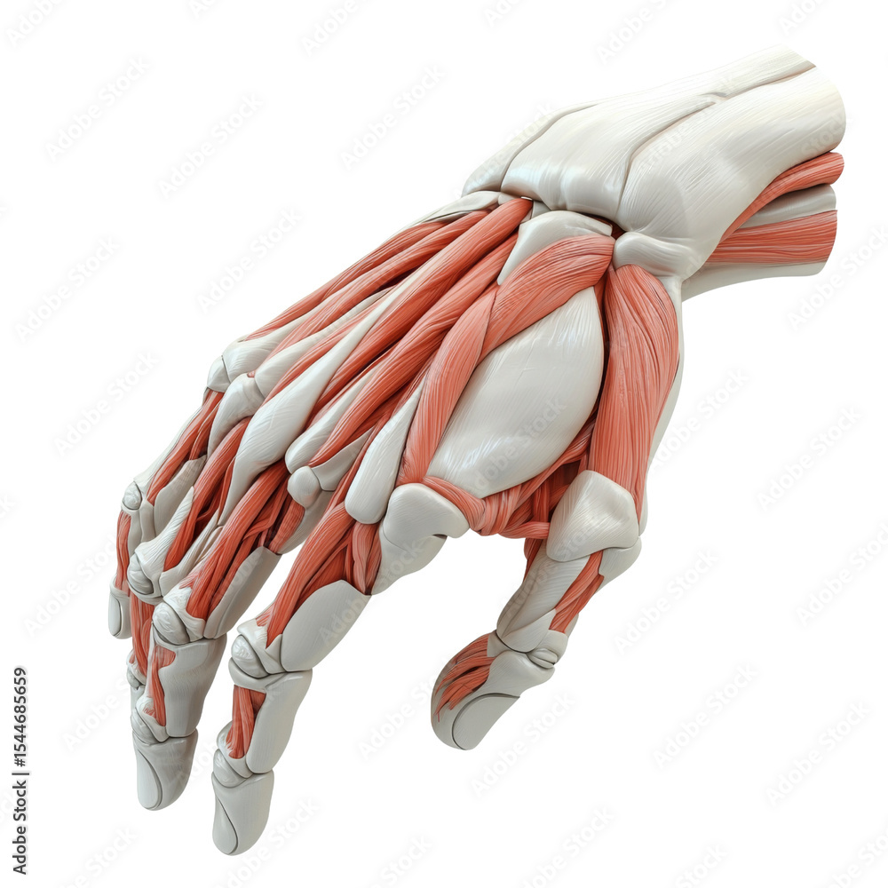 Poster anatomical model of human hand showcasing muscles and tendons, highlighting intricate structure and 