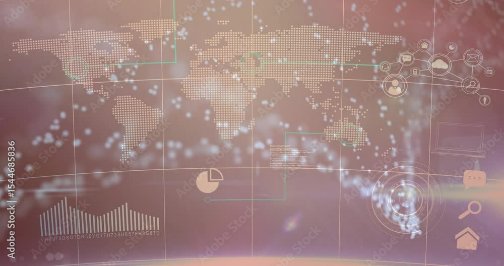 Poster bright particles appearing at network icons forming arcs converging on map center for data flow