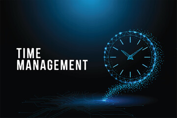 Time Management Concept: A creative, low-poly illustration depicts the essence of time management with a clock face composed of interconnected points and a trail of digital particles.