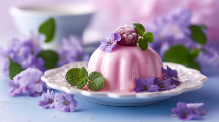 Elegant pink mousse dessert with fresh raspberry and mint garnish, surrounded by delicate purple flowers on a white plate. Ideal for food blogs, menus, or gourmet advertising.