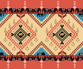 Seamless Elephant pixel art ethnics pattern, Traditional Ukrainian Cross-Stitch Embroidery - Detailed Vector.