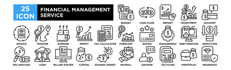 financial management service icon collection set. Budget Planner, Cash Flow, Financial Report, Investment Growth, Account Balance