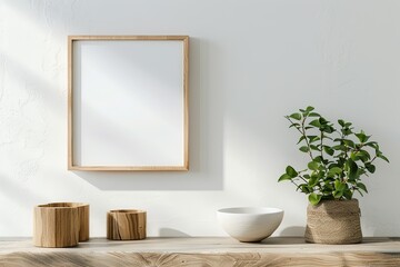 Ultra Hd Picture of a Set of Wooden Objects with a White Canvas and a Plant on the Wall